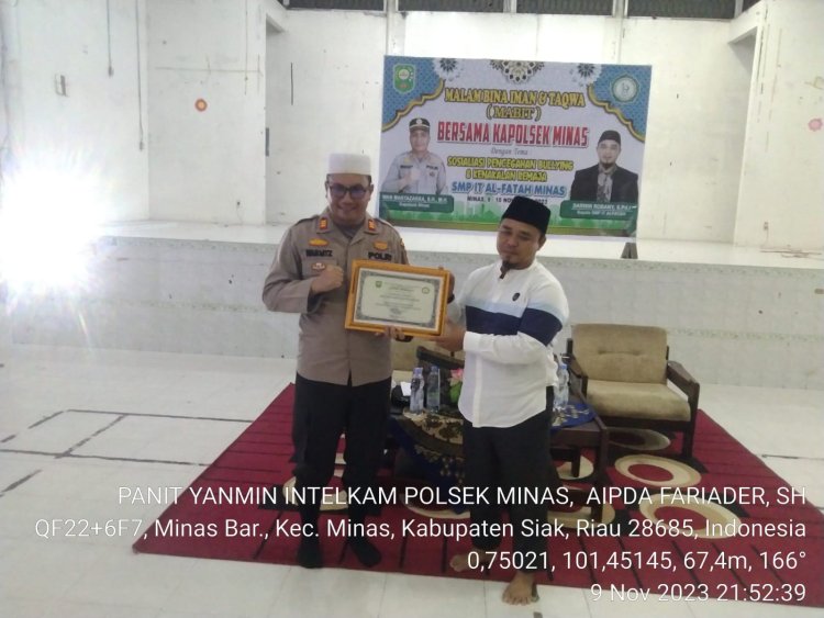 Antisipasi Aksi Bullying & Kenakalan Remaja, Melalui Mabit Kapolsek Minas Berikan Edukasi Kepada Siswa Siswi di SMP IT Al-Fatah
