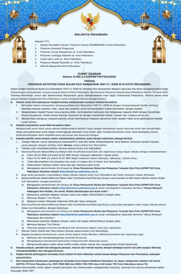 Aturan Ramadan Pekanbaru 2026: Karaoke Tutup, Kuliner Diatur, Petasan Dilarang